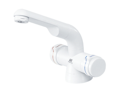 White swivel mixer taps